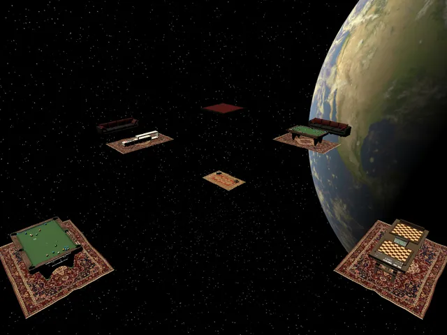 Just a pool table‚ chessboard and TV in space