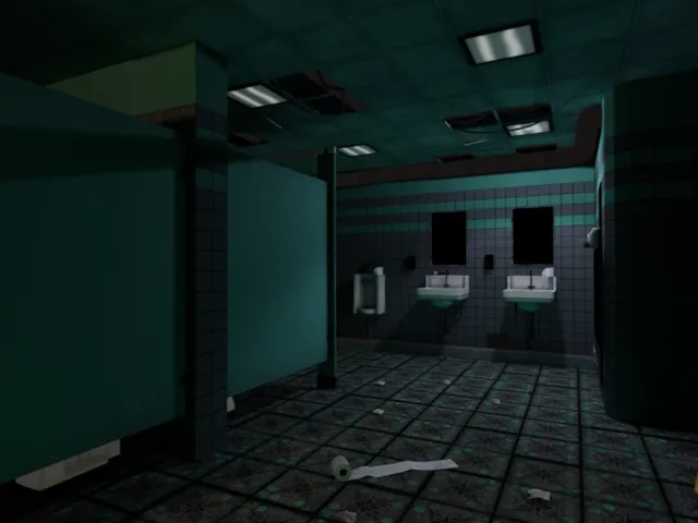 Public restroom with video player