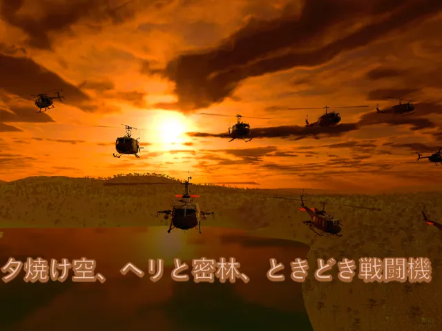 夕焼け空、ヘリと密林、ときどき戦闘機